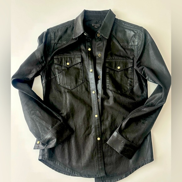 ALLSAINTS Hazel Coated Shirt BlackWestern Style Pockets Snap Buttons Size00 $185 - Picture 3 of 6
